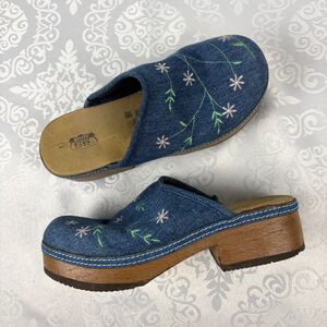 Route 66 Y2K Floral Embroidered Denim Clogs Cottagecore Platform Mules Size 3